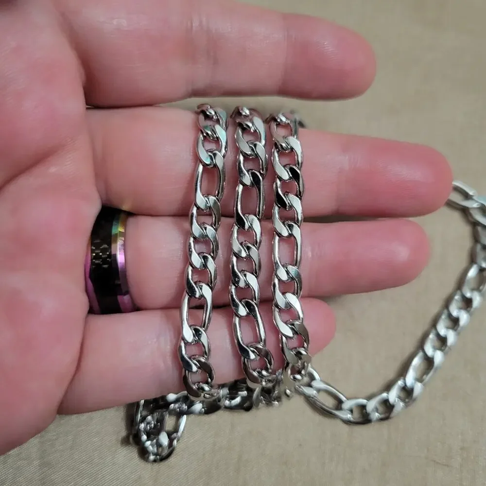 Men's silver stainless steel figaro chain necklace and bracelet set 6mm thick